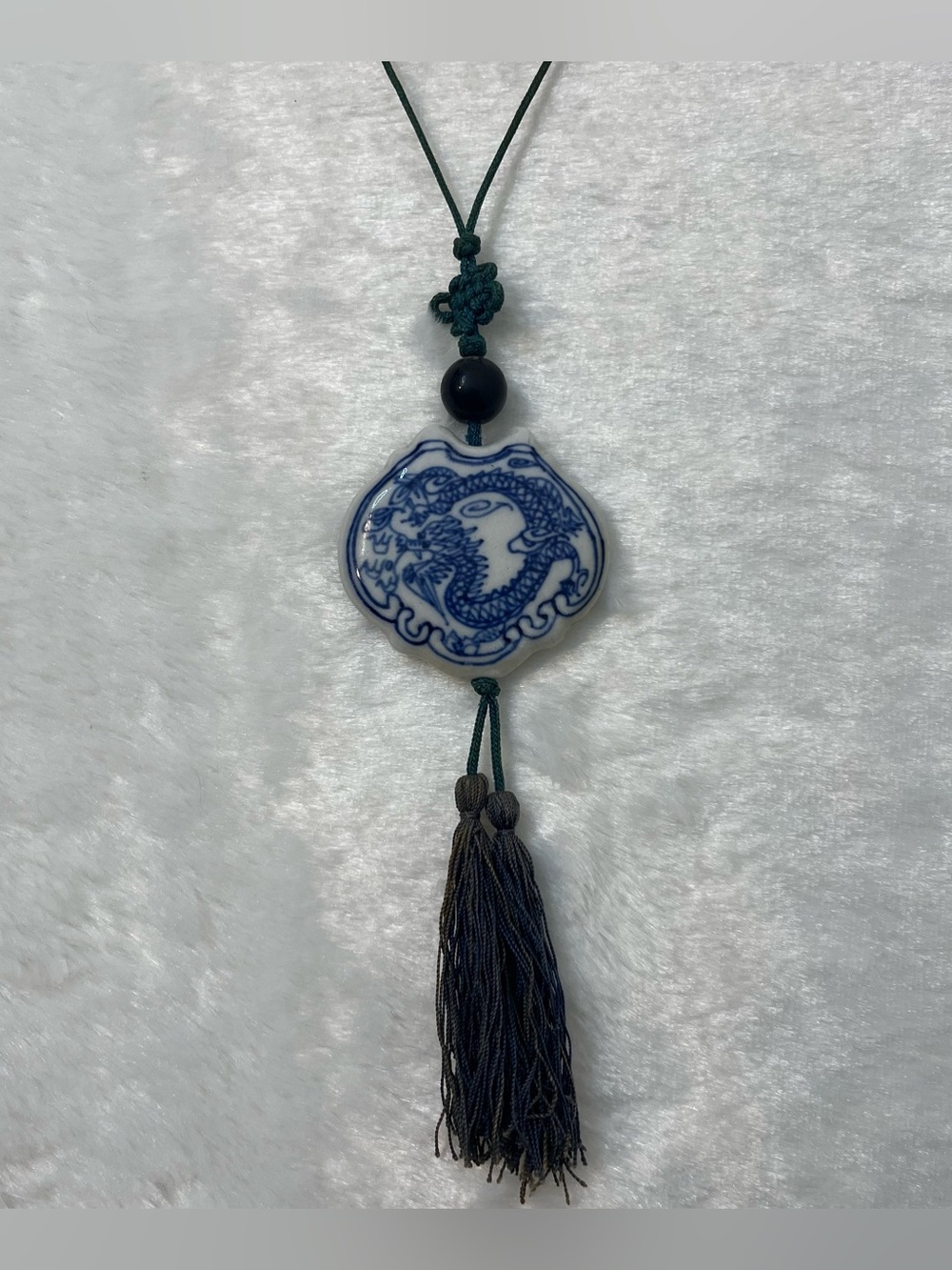 Chinese Blue White Porcelain Dragon Hanging Ornament Tassel Feng Shui Wall Decor